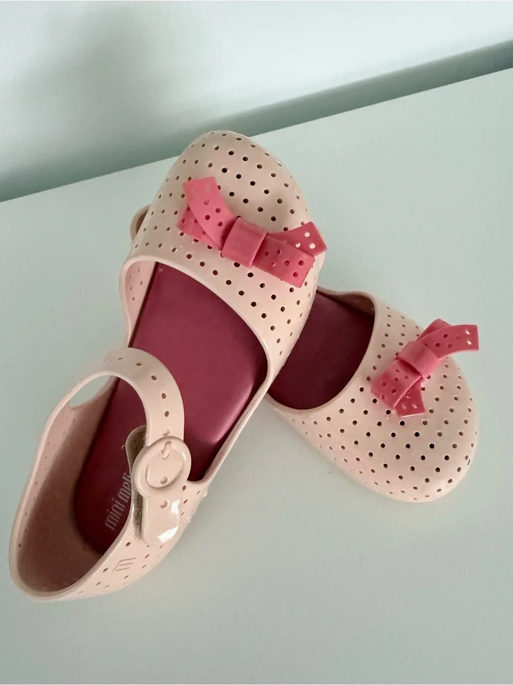 Mini Melissa Pale Pink Mary Jane Shoes with Dark Pink Bows